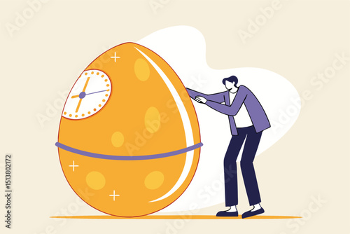 Retirement pension fund, IRA, 401K, Roth or ISA account in UK, investment for money to use after retirement concept, businessman standing with countdown timer golden egg move approaching retired age.