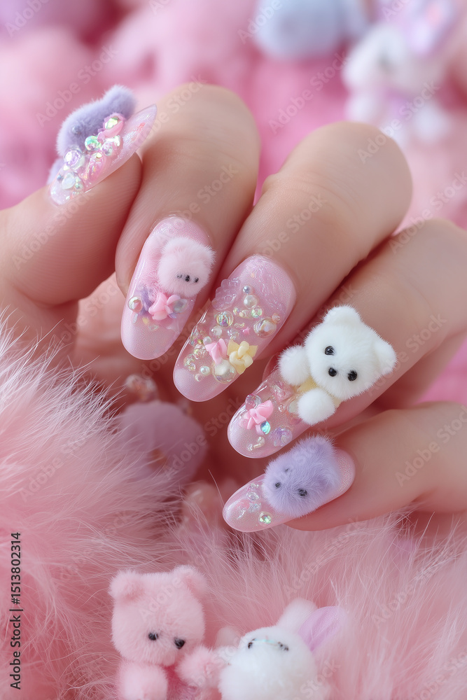 Naklejka premium Nails adorned with cute bear designs and pastel embellishments create a charming and whimsical aesthetic
