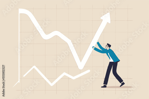 Leadership to lead business growth in market downturns, entrepreneur or investor skill to manage to earn more profit concept, businessman investor push arrow graph and chart to be back rising up.