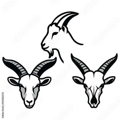 Three goat head illustrations one profile two frontal views black and white