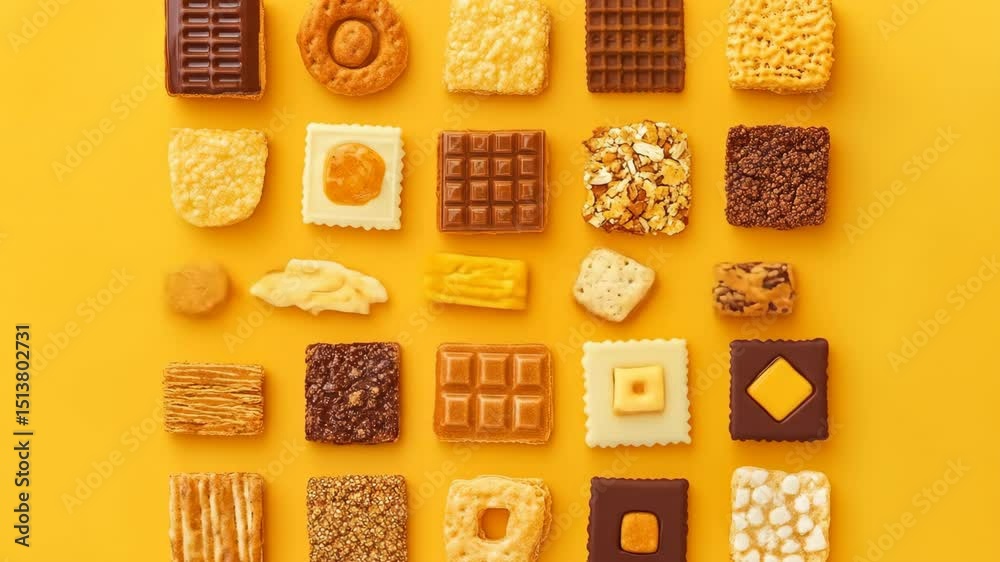 Assorted snack foods grid on yellow background
