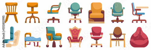 Icon sheet of various chair types – Great for design mockups, furniture guides, or home decor apps.