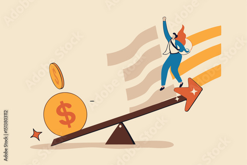 Economic stimulus money, central bank inject money to boost business and recover from Coronavirus COVID-19 crisis, big money dollar coin fall on seesaw to boost other side businessman with rocket.