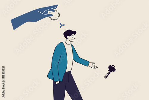 Housing deal, sell old house and buying new one, real estate and property trading or mortgage concept, home owner throwing old house key and grab new one.