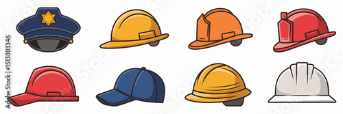 Colorful vector icons of police, construction, firefighter, baseball, beekeeper, and hard hats – Great for educational materials, workplace safety visuals, or gear classification charts