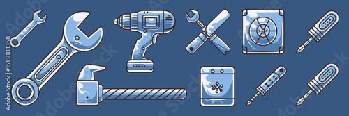 Blue-themed vector icons of industrial tools – Great for maintenance manuals, factory signage, or equipment catalogs