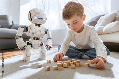 A boy playing with his robot friend in the living room. Technology concept. Future concept.