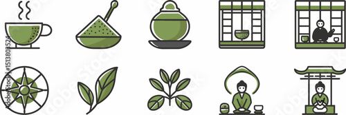Matcha-themed vector sheet with traditional Japanese tea ceremony and green tea elements – Ideal for wellness brands, tea packaging, or cultural content.