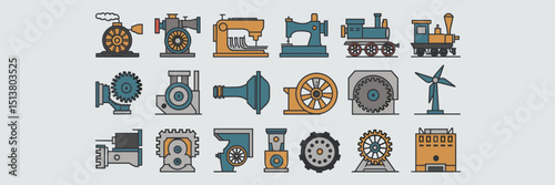 Engineering icon sheet with mechanical parts – Perfect for industrial education, mechanical diagrams, or tech infographics