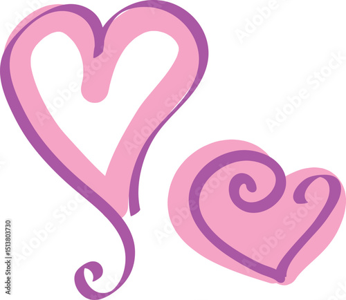 Two hearts hand drawn with crooked purple outlines and colored with a pink brush. Doodle sketch heart shape.