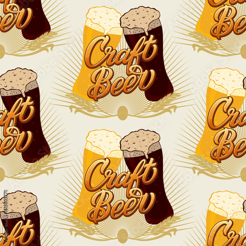 Seamless background with a pattern of hand drawn glasses, mugs with caps of cold fresh beer with foam and bubbles. Elegant pattern for bars, menu, restaurants