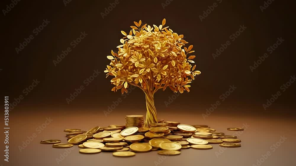 A golden tree made of leaves stands atop a pile of coins, symbolizing wealth and prosperity