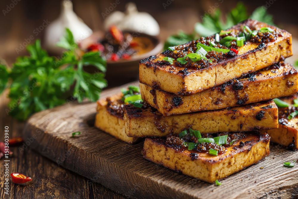 Grilled tofu slices stacked with soy garlic sauce on wooden board Grilled tofu slices stacked with soy garlic sauce on wooden board