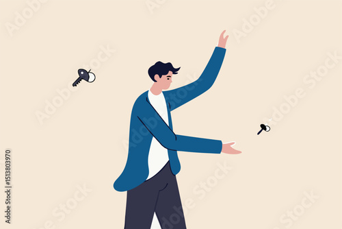 Housing deal, sell old house and buying new one, real estate and property trading or mortgage concept, home owner throwing old house key and grab new one.
