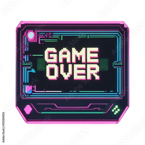Retro gaming game over screen illustration in pixel art style with neon colors for arcade and console games