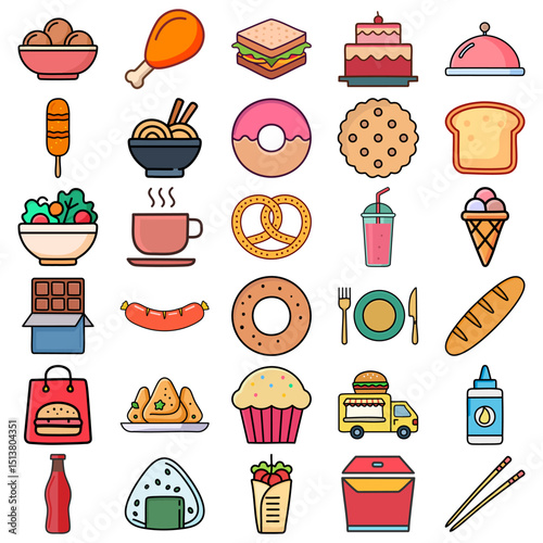 Set of food and drinks doodle icons. Vector illustration.