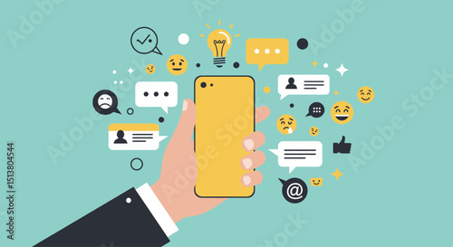 Business social network icons on a flat design business man's hand with digital marketing technology communication concept