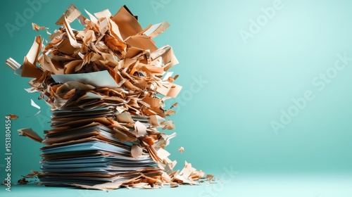 A chaotic explosion of shredded paper forms a towering pile, symbolizing the clutter and disorganization often found in busy work environments and modern life.