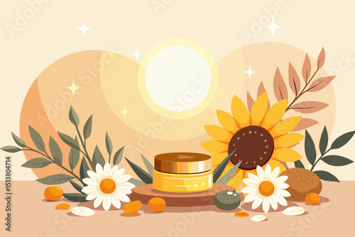 Cosmetic cream jar with sunflower and daisies on a pastel background
