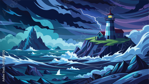 Stormy Night at Sea with Waves Against Lighthouse – Dark Ocean Vector Scene	