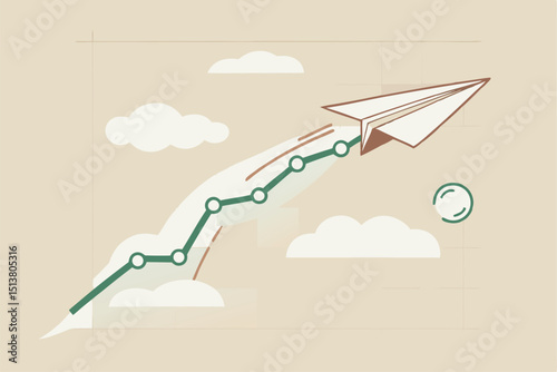 Stock market soaring, business earning growth, economic prosperity concept, paper plane pulling line graph up rising into the clouds.