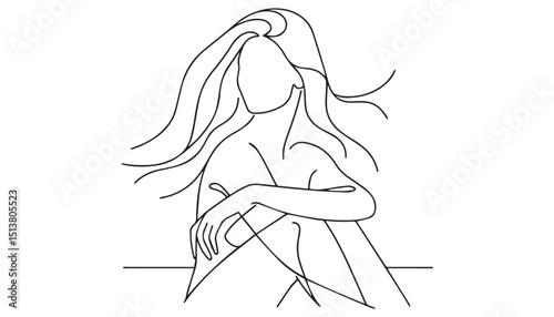 Continuous one single minimal line drawing woman face with flying hair