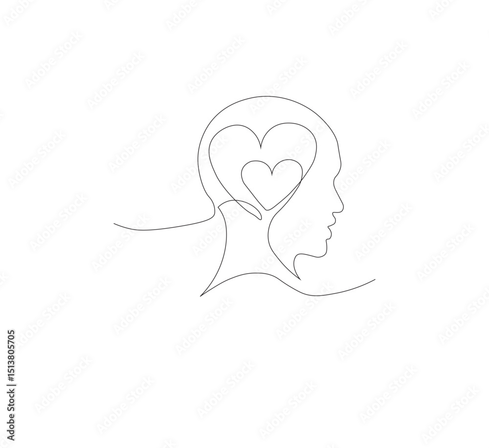 Continuous line drawing of human head with heart. Vector illustration Continuous line drawing of human head with heart. Vector illustration