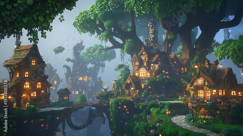 A lush green forest with a village in the distance