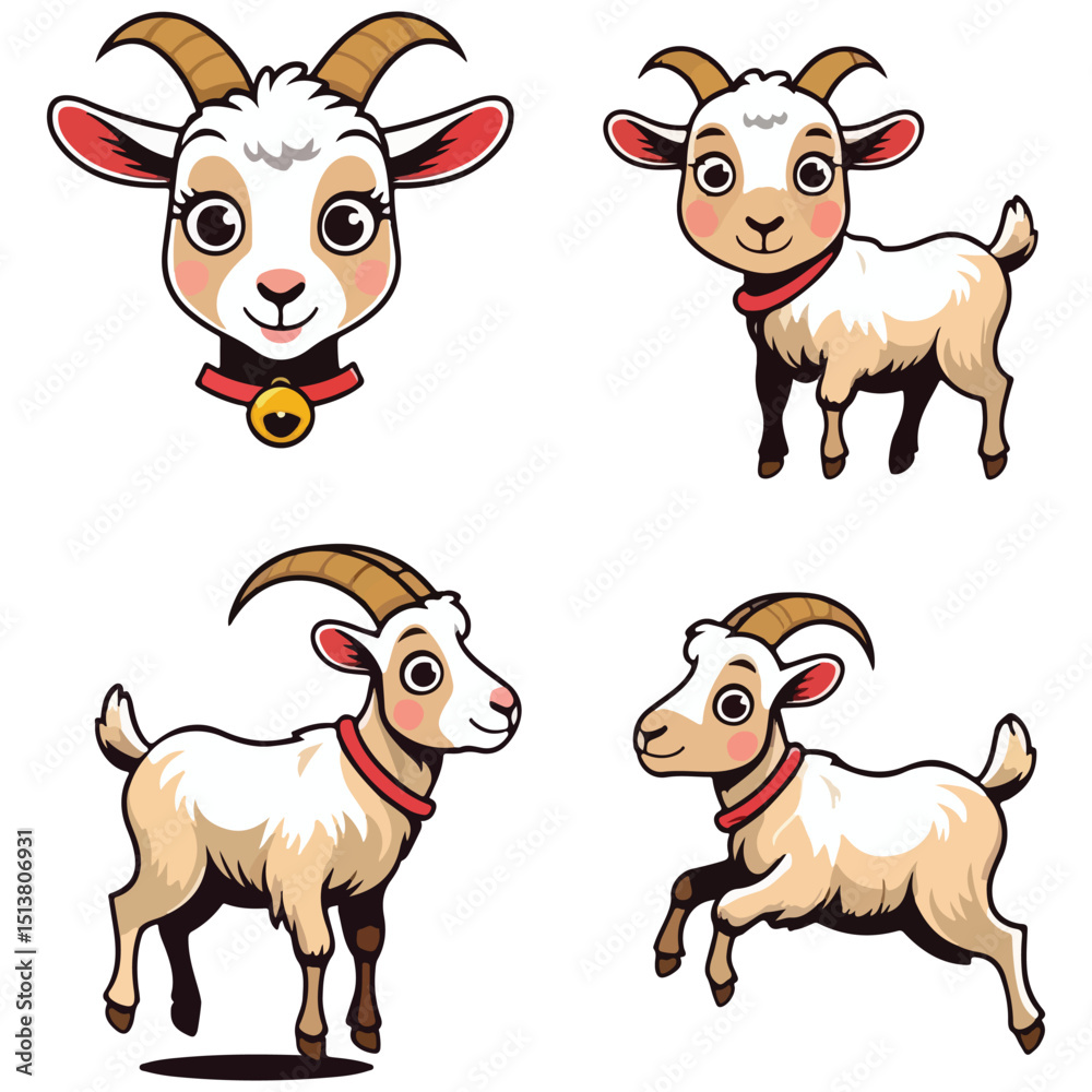 Fototapeta premium Cartoon goats illustration headshot with bell and three fullbody poses with red collars