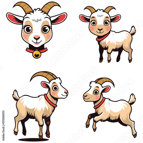 Cartoon goats illustration headshot with bell and three fullbody poses with red collars