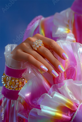 Elegant hand adorned with gemstone ring showcasing vibrant iridescent nails against a colorful ruffled fabric background