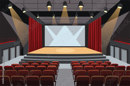 Cartoon illustration of a theater auditorium with stage and stage lights ready for the show