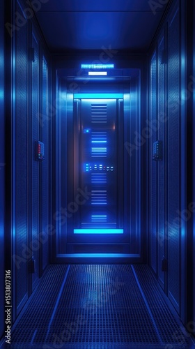 Futuristic corridor bathed in vibrant blue light.
