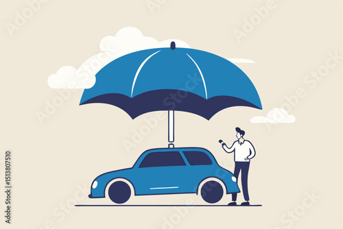 Car insurance, accident protection for vehicle, safety or assurance service concept, businessman car owner or insurance agent stand with new car under strong umbrella protection shield.
