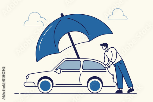 Car insurance, accident protection for vehicle, safety or assurance service concept, businessman car owner or insurance agent stand with new car under strong umbrella protection shield.