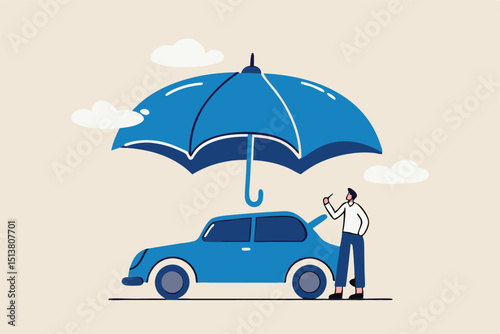 Car insurance, accident protection for vehicle, safety or assurance service concept, businessman car owner or insurance agent stand with new car under strong umbrella protection shield.