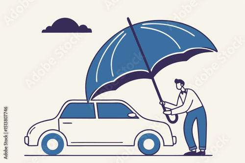 Car insurance, accident protection for vehicle, safety or assurance service concept, businessman car owner or insurance agent stand with new car under strong umbrella protection shield.