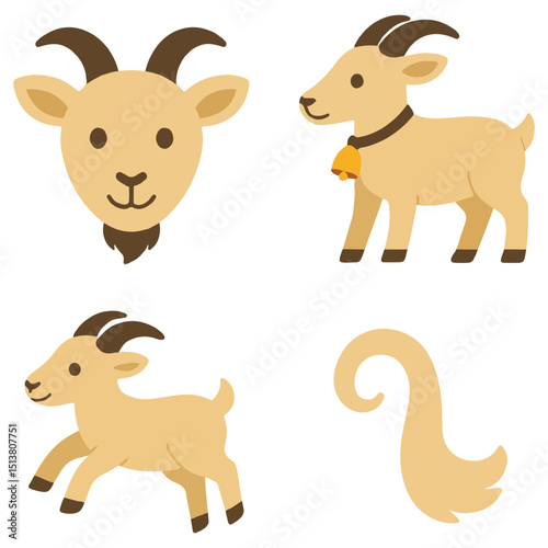 Four cartoon goat images Top a head and a standing goat Bottom a running goat and a tail