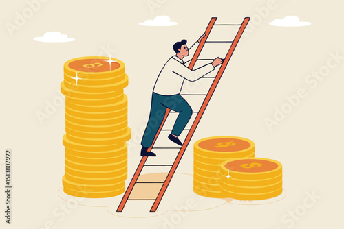 Wage, income or salary increase, investment profit rising up, wealth management for higher return concept, success businessman investor climbing up ladder from low dollar money stack to the higher one