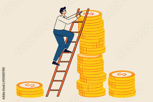 Wage, income or salary increase, investment profit rising up, wealth management for higher return concept, success businessman investor climbing up ladder from low dollar money stack to the higher one