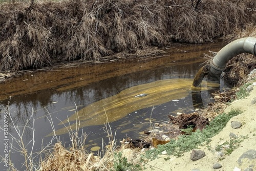 Industrial pipe discharging effluent into a polluted stream with dead fish