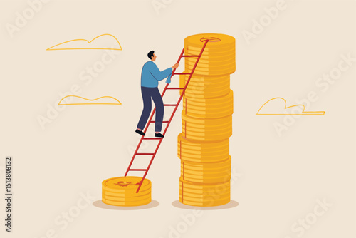 Wage, income or salary increase, investment profit rising up, wealth management for higher return concept, success businessman investor climbing up ladder from low dollar money stack to the higher one