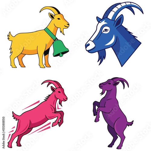 Four vibrantly colored goat illustrations in various poses set against a plain white background
