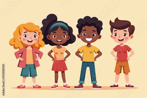 Diverse group of happy children standing together with smiles on a light background