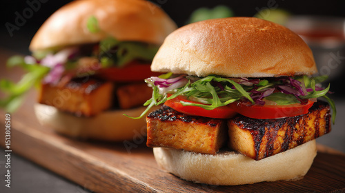 Grilled tofu sliders with fresh vegetables on wooden board