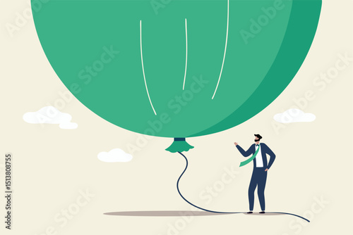 Stock market, crypto currency bitcoin bubble, risk of speculation investment, big debt balloon ready to burst concept, fearful businessman investor standing under huge big air balloon bubble.