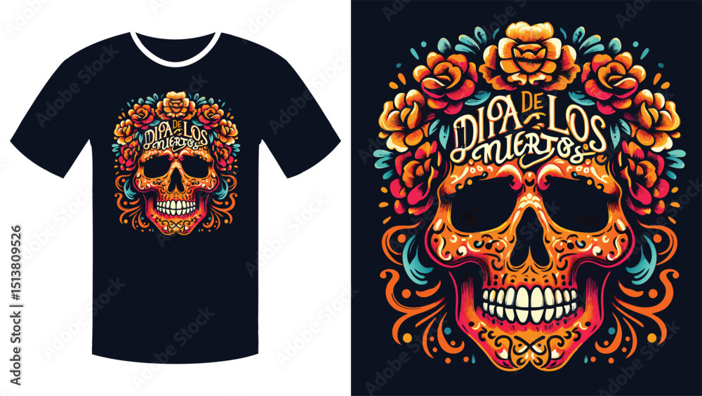 Fototapeta premium Floral Skull with Vibrant Orange Script: A Día de los Muertos Illustration T Shirt