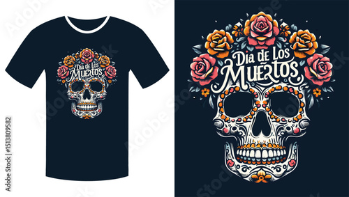 Floral Skull with Vibrant Orange Script: A Día de los Muertos Illustration T Shirt