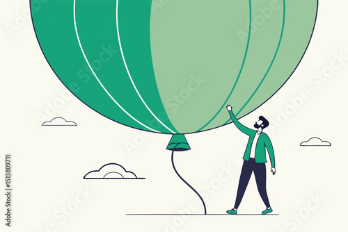 Stock market, crypto currency bitcoin bubble, risk of speculation investment, big debt balloon ready to burst concept, fearful businessman investor standing under huge big air balloon bubble.