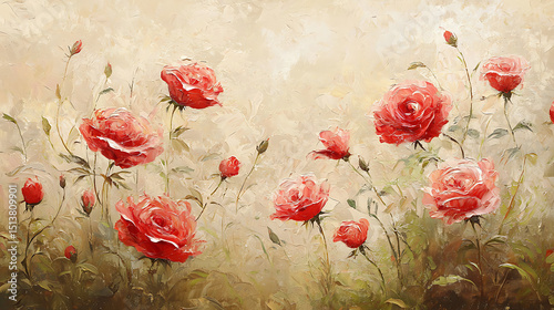 A painting of a field of red roses